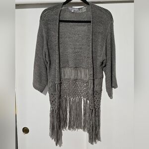 Gray Fringe Knit Women's Sweater Cardigan